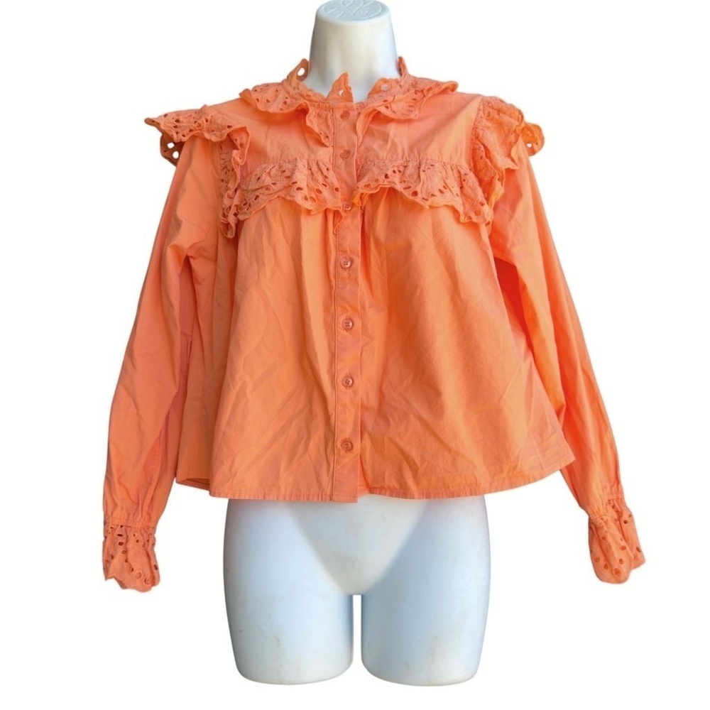 The Shirt by Rochelle Behrens Top S Coral Ruffle Long Sleeve Button-Up Blouse